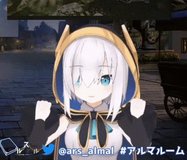 a cartoon girl with white hair and blue eyes is wearing a hood