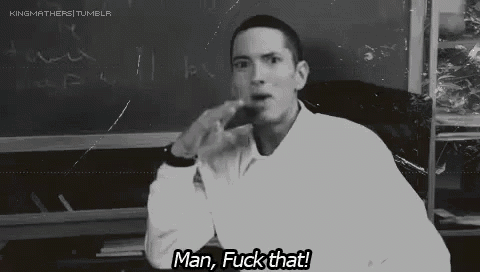 a black and white photo of a man in a lab coat saying man fuck that .