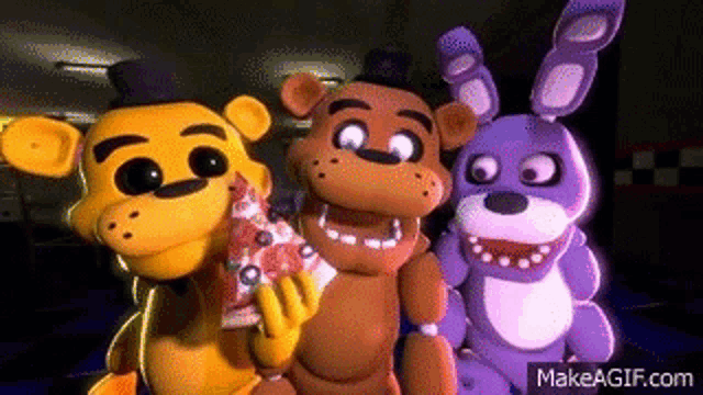 a group of five nights at freddy 's characters standing next to each other holding pizza .