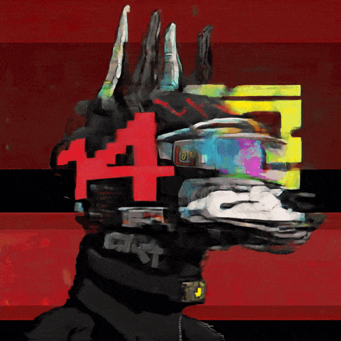 a colorful painting of a dog with the number 14 on it