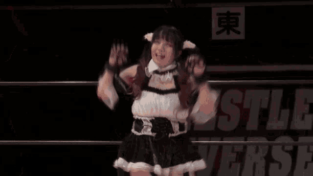 a woman in a boxing ring with a sign that says wrestle on it