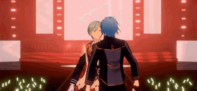 two anime characters are standing next to each other on a stage and kissing .