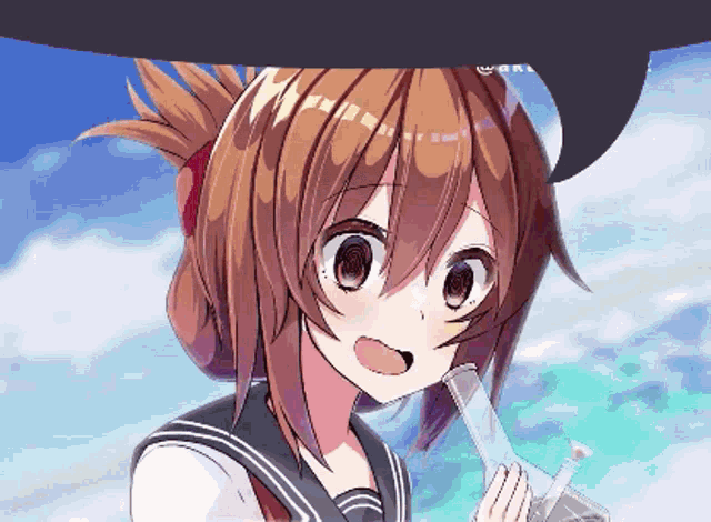 a girl in a school uniform is holding a bong and smiling