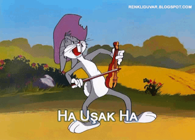 a cartoon of bugs bunny playing a violin with the words ha uşak ha written below him