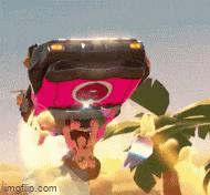 a cartoon character is upside down in front of a pink car ..