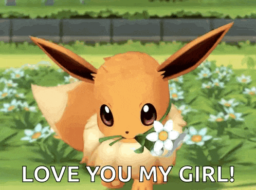a cartoon eevee holding a flower with the words love you my girl below it