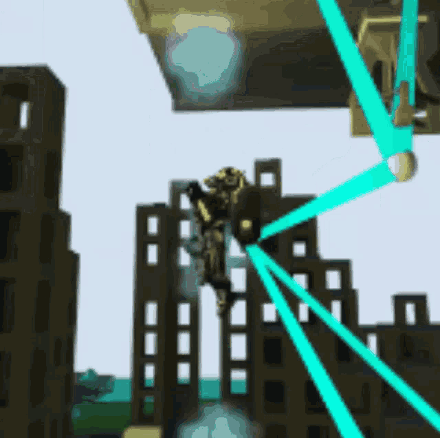 a cartoon of a robot flying through a city