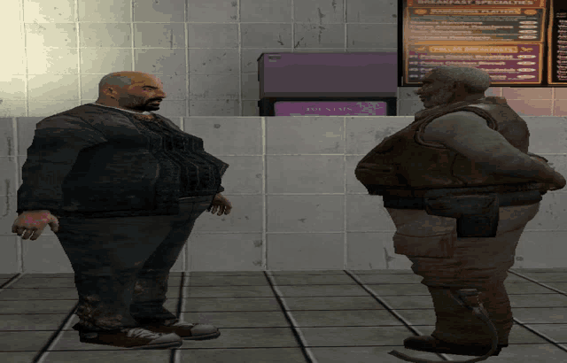 two fat men are standing in front of a sign that says breakfast specialties