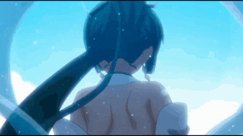 a blue haired anime character with a white shirt on