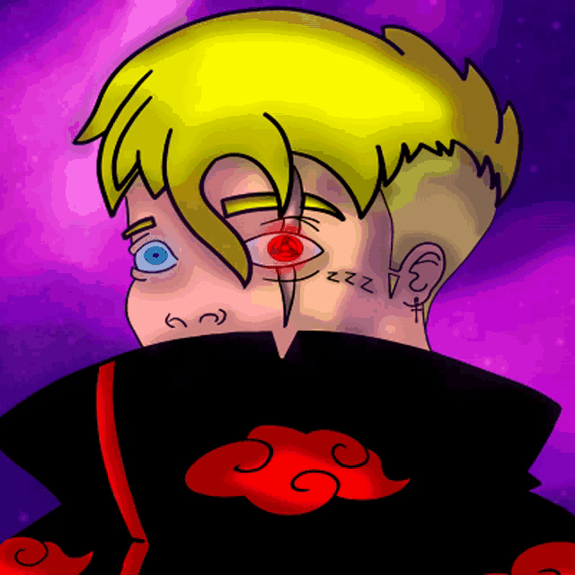 a drawing of a boy with a red eye and a tattoo that says zzz