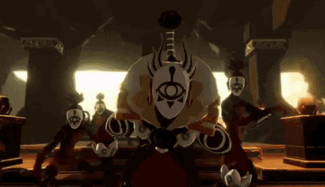 a group of cartoon characters with masks on their faces are standing in a dark room .