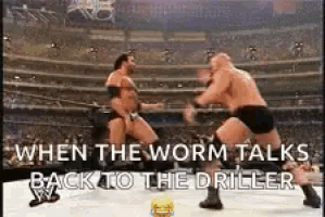 two wrestlers are fighting in a wrestling ring with a caption that says when the worm talks back to the driller