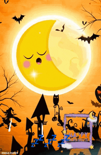 a halloween greeting card with a sleeping crescent moon and bats
