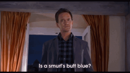 a man in a suit and plaid shirt is standing in front of a window and asking if a smurf 's butt blue