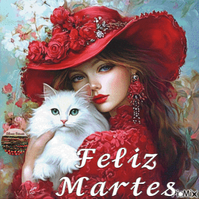a painting of a woman in a red hat holding a white cat with feliz martes written below her