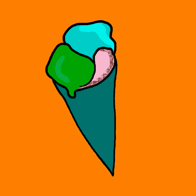 a cartoon drawing of an ice cream cone with green pink and blue flavors