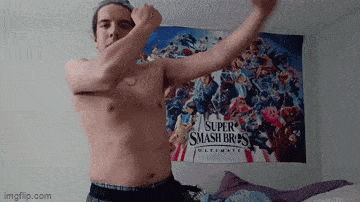 a shirtless man is flexing his muscles in front of a super smash bros ultimate poster