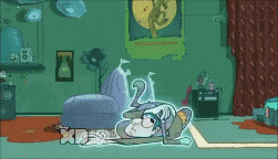 a cartoon character is laying on the floor in a room with xd written on the bottom