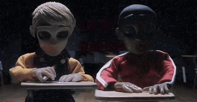 two cartoon characters are sitting at desks in a classroom and one is writing on a piece of paper .