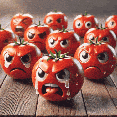 a group of tomatoes with different faces on them