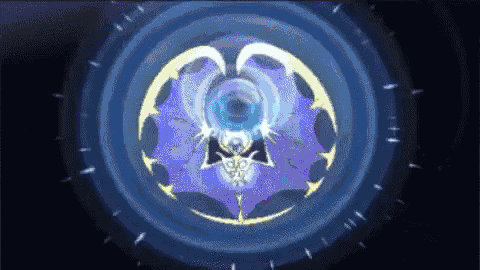 a purple bat is flying through a blue circle in a dark room .