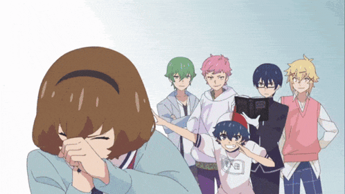 a group of anime characters with one wearing a shirt that says ' nc ' on it