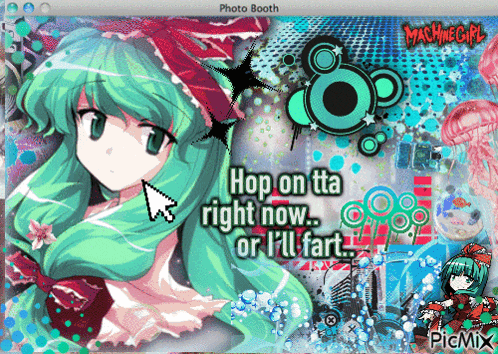 a picture of a girl with the words hop on tta right now or i 'll fart on it