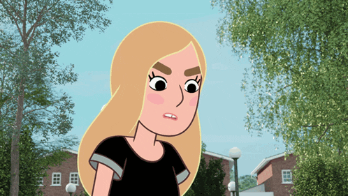 a cartoon girl with blonde hair and a black shirt stands in front of a brick building