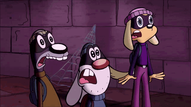 three cartoon characters wearing masks are standing next to each other in a dark room