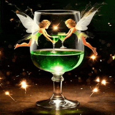 two fairies are holding glasses of green liquid in a glass