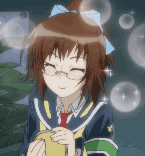 a girl with glasses and a blue bow on her head