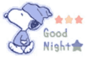 a cartoon of snoopy wearing a sleep cap and a shirt that says good night .