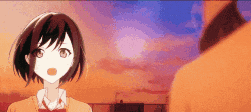 a girl with short hair and a bow tie is standing next to a man in an orange jacket .