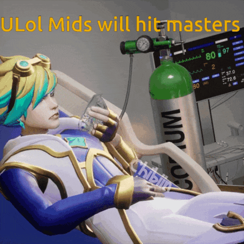 a cartoon character is laying in a hospital bed with the words ulol mids will hit masters