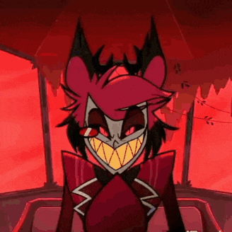 a cartoon character with red hair and big teeth is sitting in front of a red background .