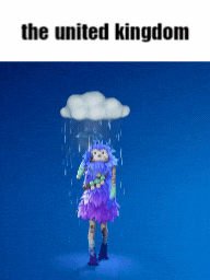 a person in a purple dress standing under a cloud