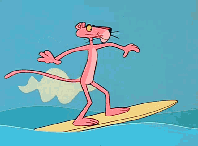 a pink panther is riding a surfboard in the water