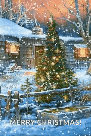 a christmas tree is in front of a cabin in the snow with snow falling .