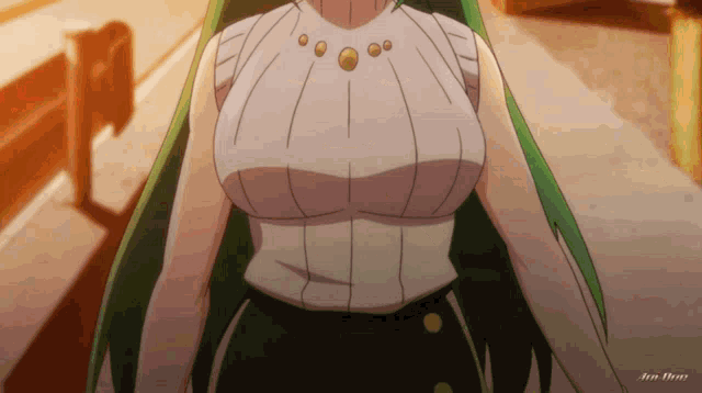 a woman with green hair is wearing a white sweater with gold buttons