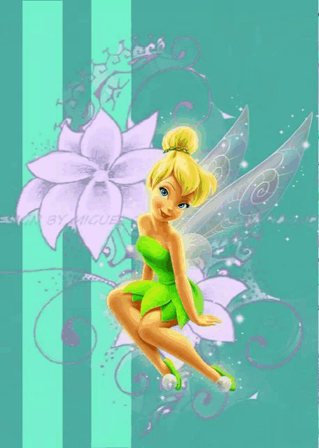 tinkerbell is sitting on a green background with purple flowers in the background