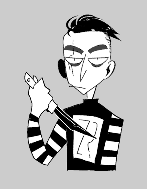 a black and white drawing of a man with a striped shirt on