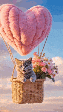 a kitten is sitting in a basket with flowers and a heart shaped hot air balloon behind it