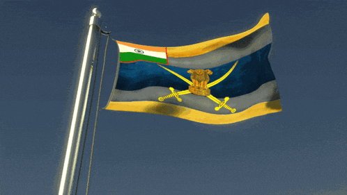 a flag with swords on it is waving in the wind against a blue sky