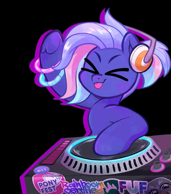 a cartoon of a pony on a turntable with the words pony fest on it