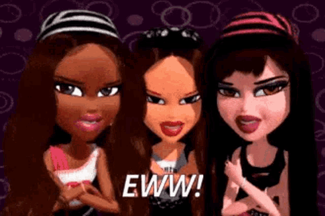 three bratz dolls are standing next to each other on a purple background and one of them is making a funny face .