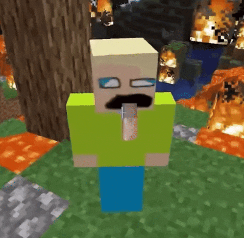 a minecraft character with a yellow shirt and blue pants is standing in front of a tree .