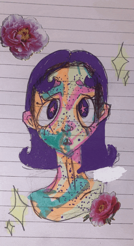 a drawing of a girl with purple hair and flowers around her