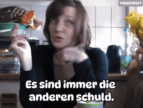 a woman in a kitchen with the words " es sind immer die anderen schuld " above her