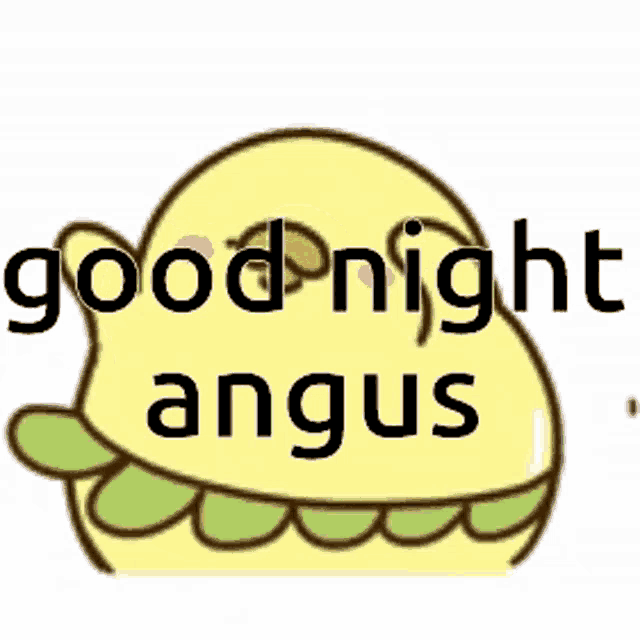 a cartoon of a chicken with the words `` good night angus '' written on it .