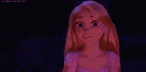 rapunzel from tangled is smiling and looking at the camera in a purple dress .
